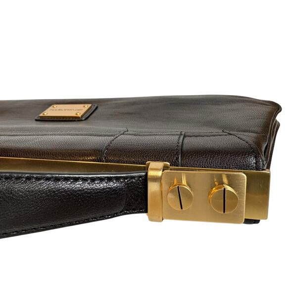 Alexis Hudson Black Leather Top Handle Bag – Y2K Purse w/ Gold Turnlock Accents - Picture 7 of 11